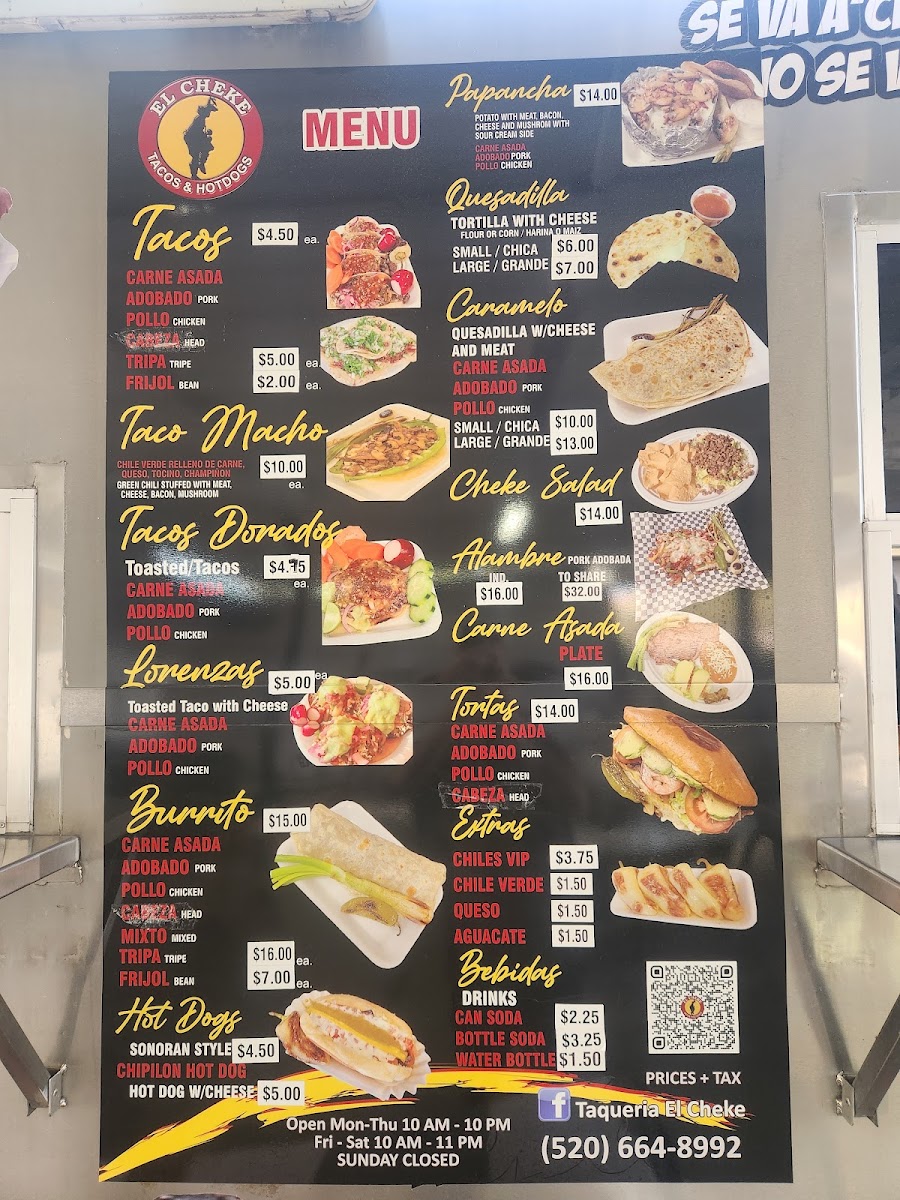 Taquería el Cheke menu board