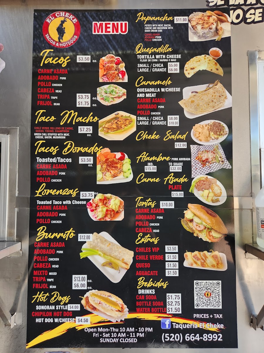 Taquería el Cheke menu board