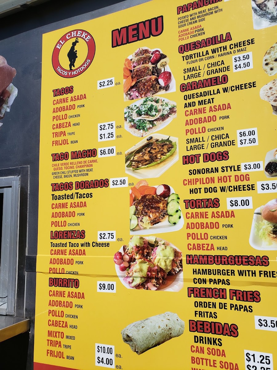 Taquería el Cheke menu board