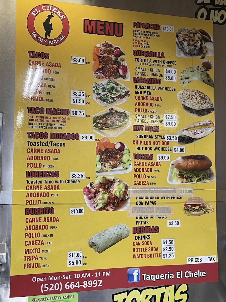 Taquería el Cheke menu board