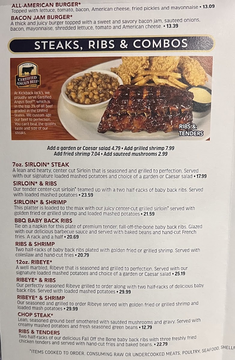 Kickback Jacks menu board