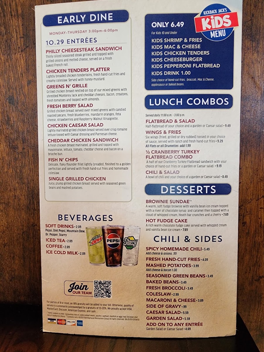 Kickback Jacks menu board
