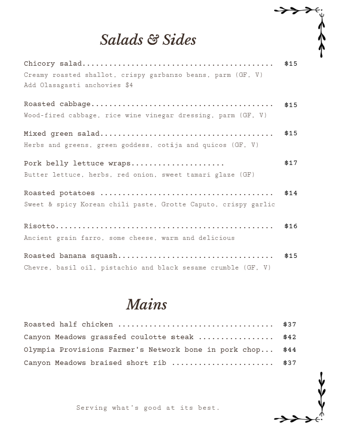 North Creek Grill menu board