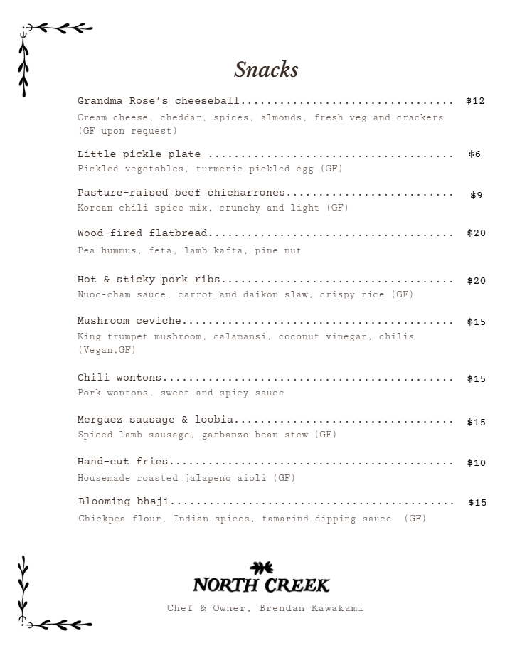 North Creek Grill menu board