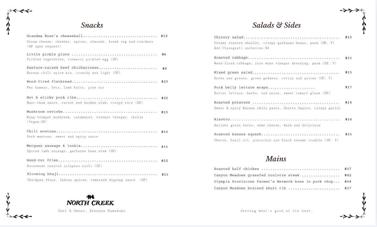 North Creek Grill menu board