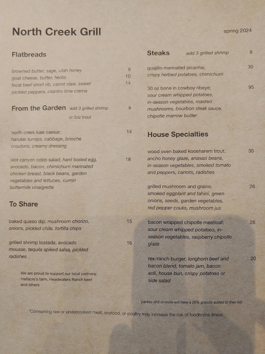 North Creek Grill menu board