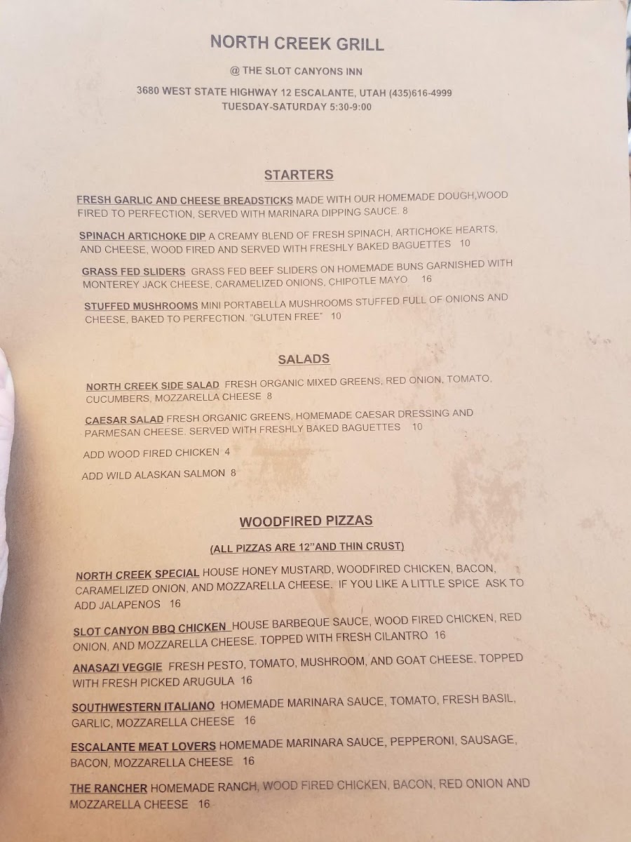 North Creek Grill menu board