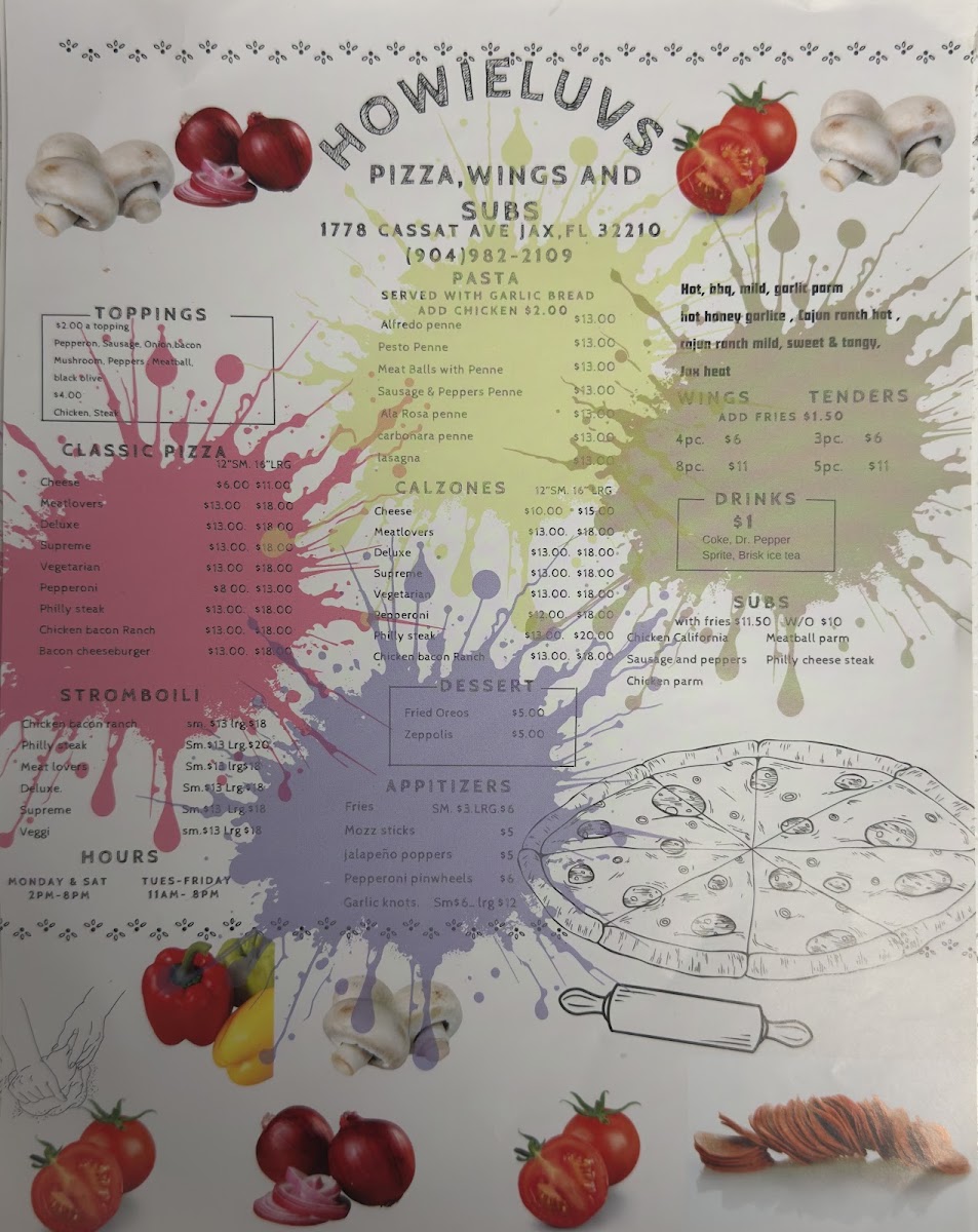 Howieluv's Pizza Wings And Subs menu board