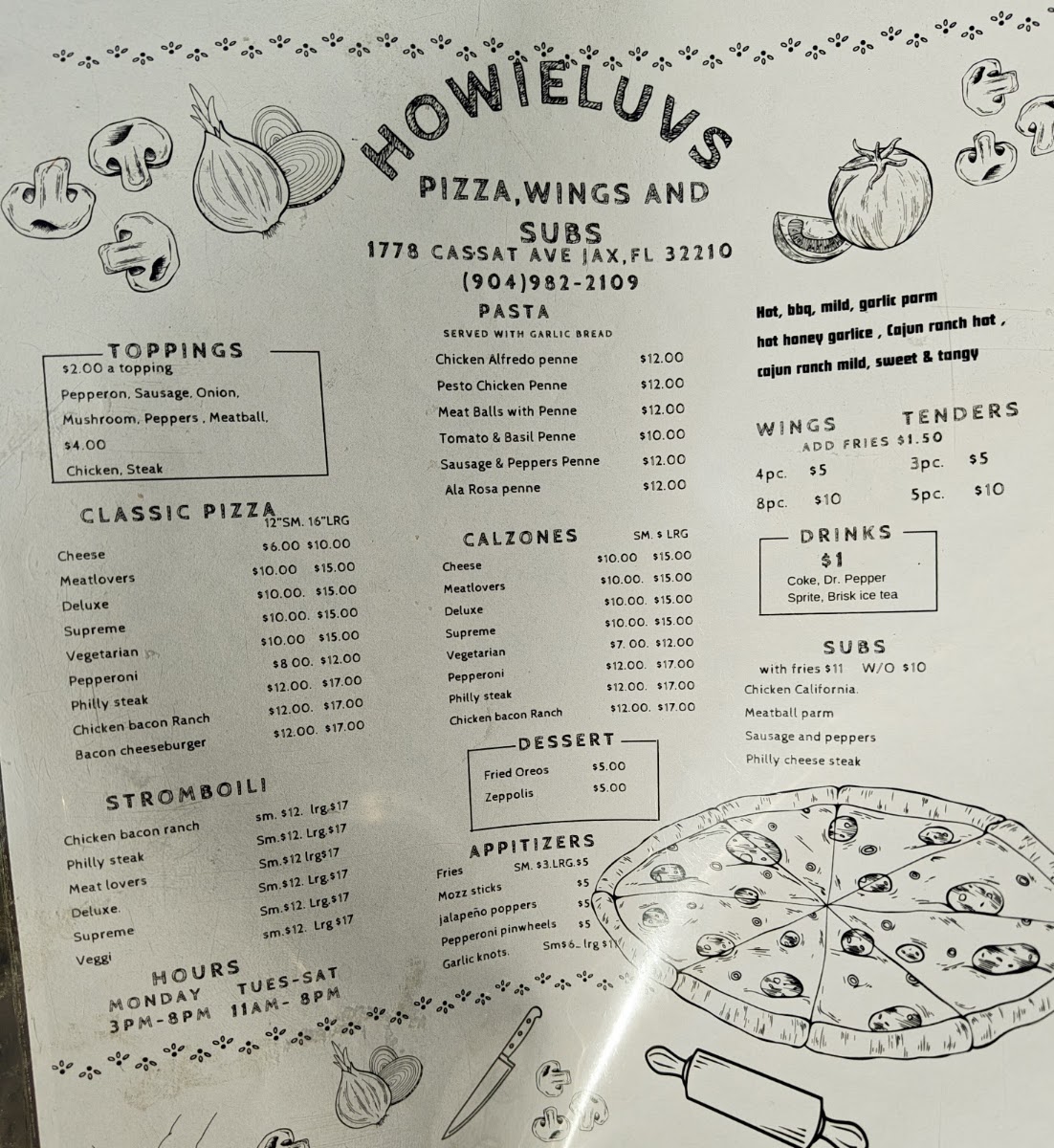 Howieluv's Pizza Wings And Subs menu board