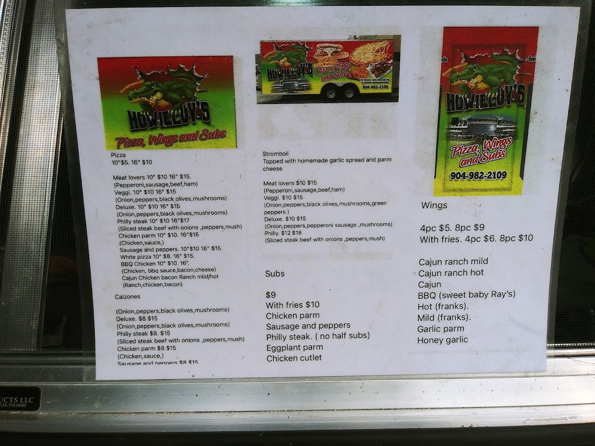Howieluv's Pizza Wings And Subs menu board