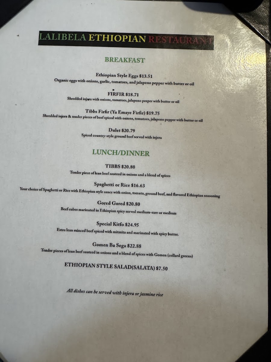 Lalibela Ethiopian Restaurant menu board