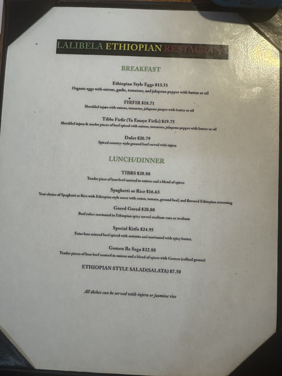 Lalibela Ethiopian Restaurant menu board