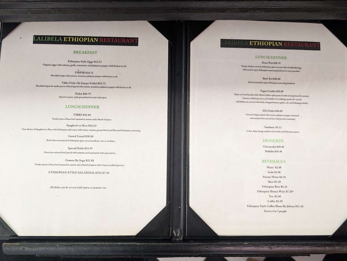 Lalibela Ethiopian Restaurant menu board