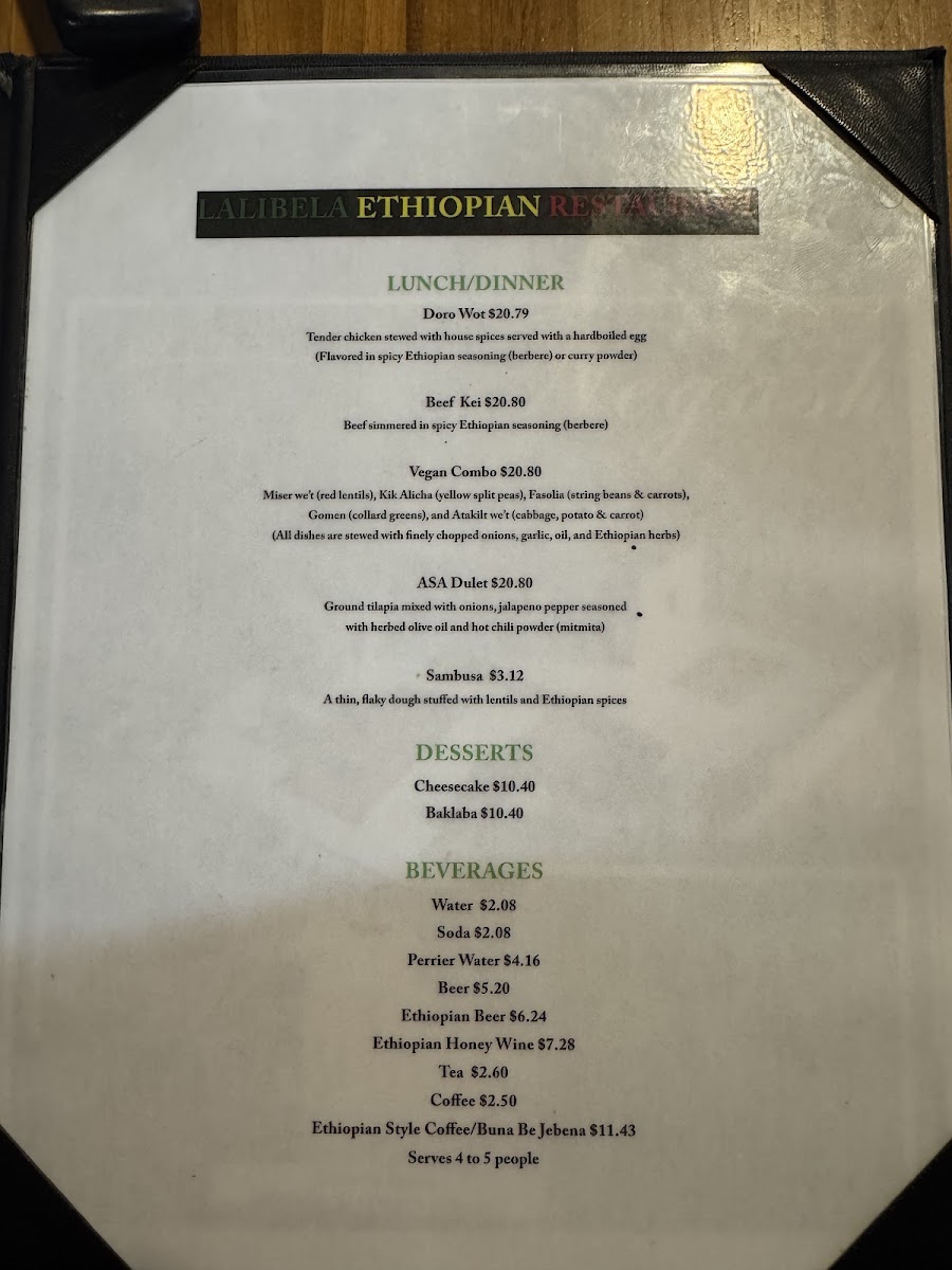 Lalibela Ethiopian Restaurant menu board