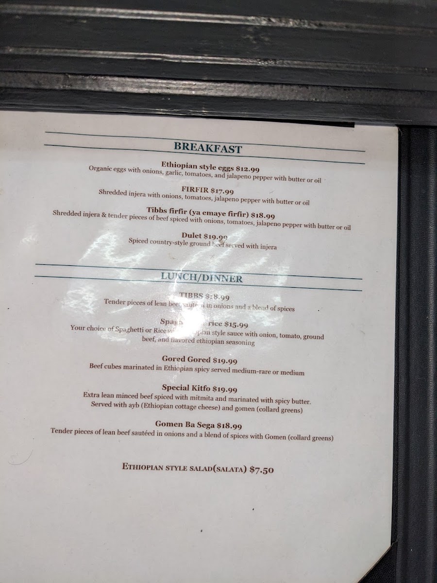 Lalibela Ethiopian Restaurant menu board