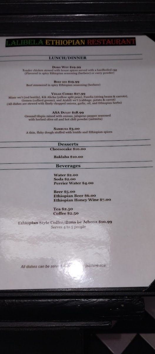 Lalibela Ethiopian Restaurant menu board