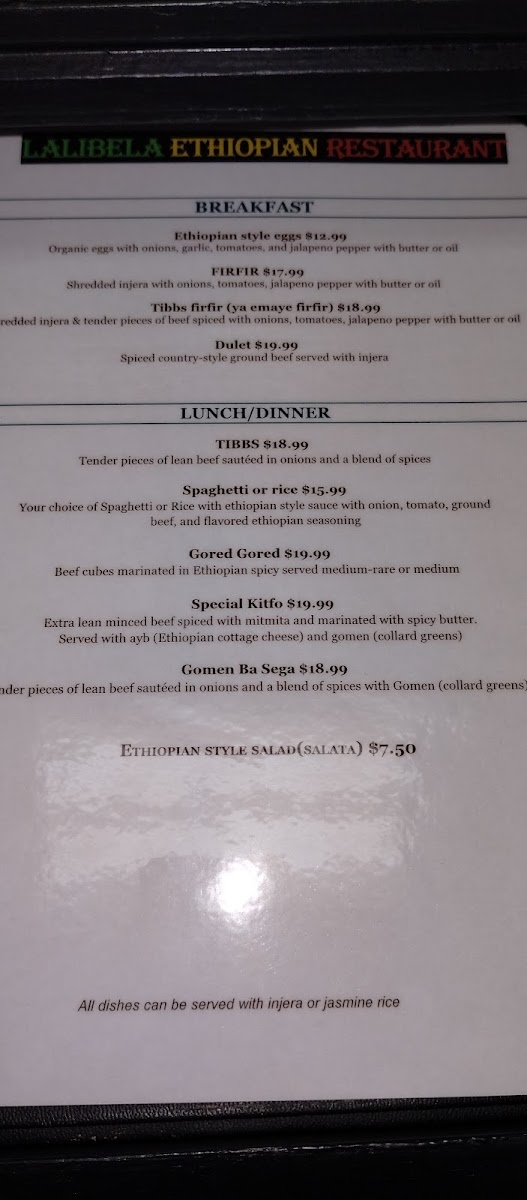 Lalibela Ethiopian Restaurant menu board