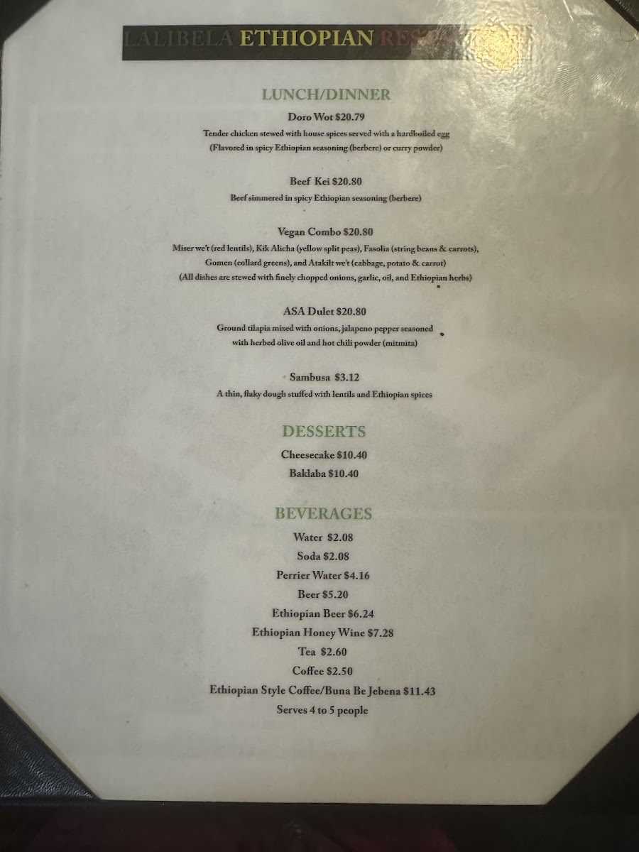 Lalibela Ethiopian Restaurant menu board