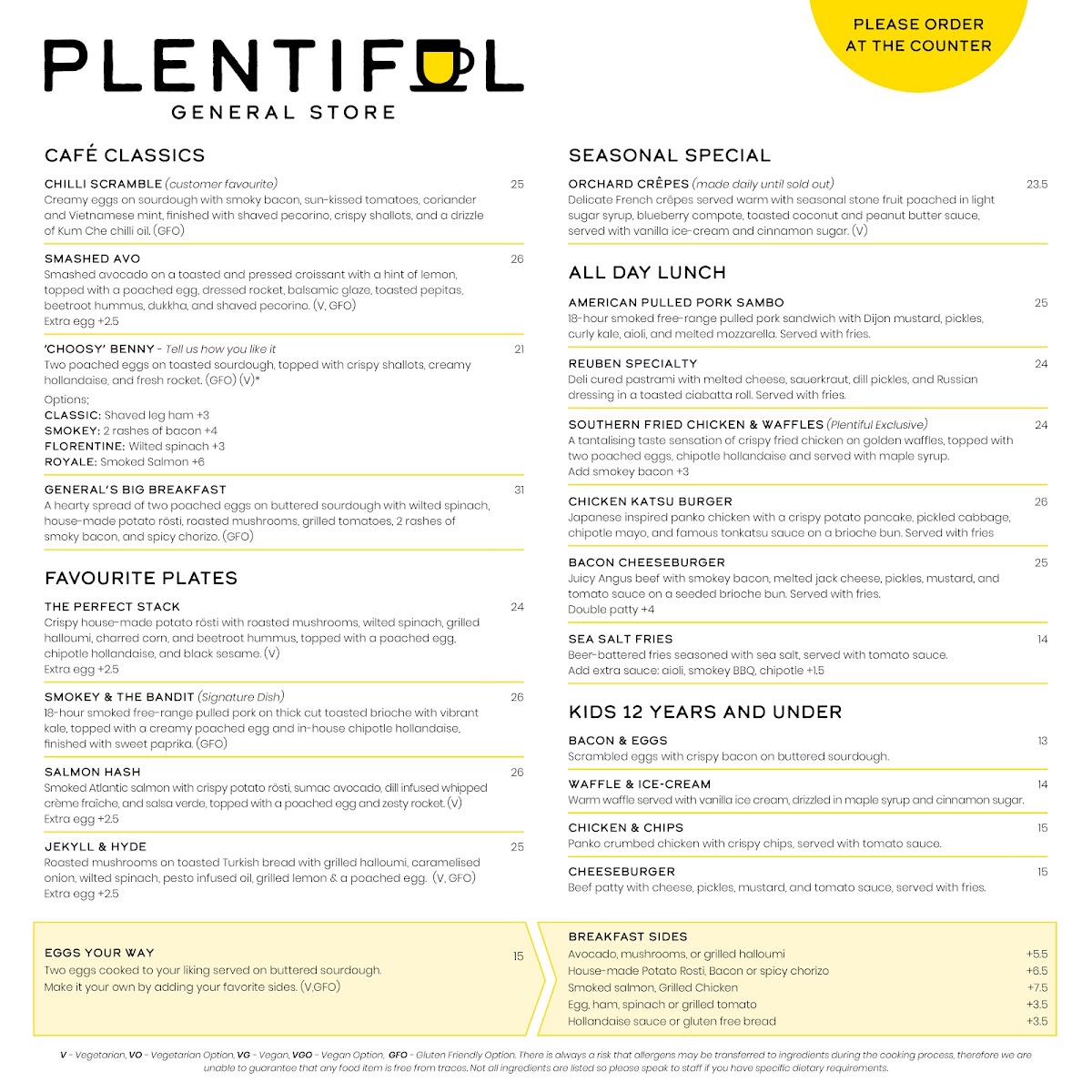 Plentiful General Store and Cafe menu board