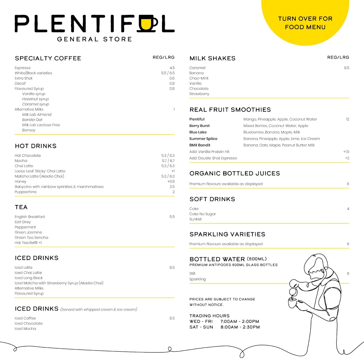 Plentiful General Store and Cafe menu board