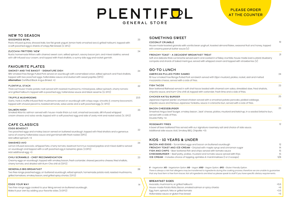Plentiful General Store and Cafe menu board