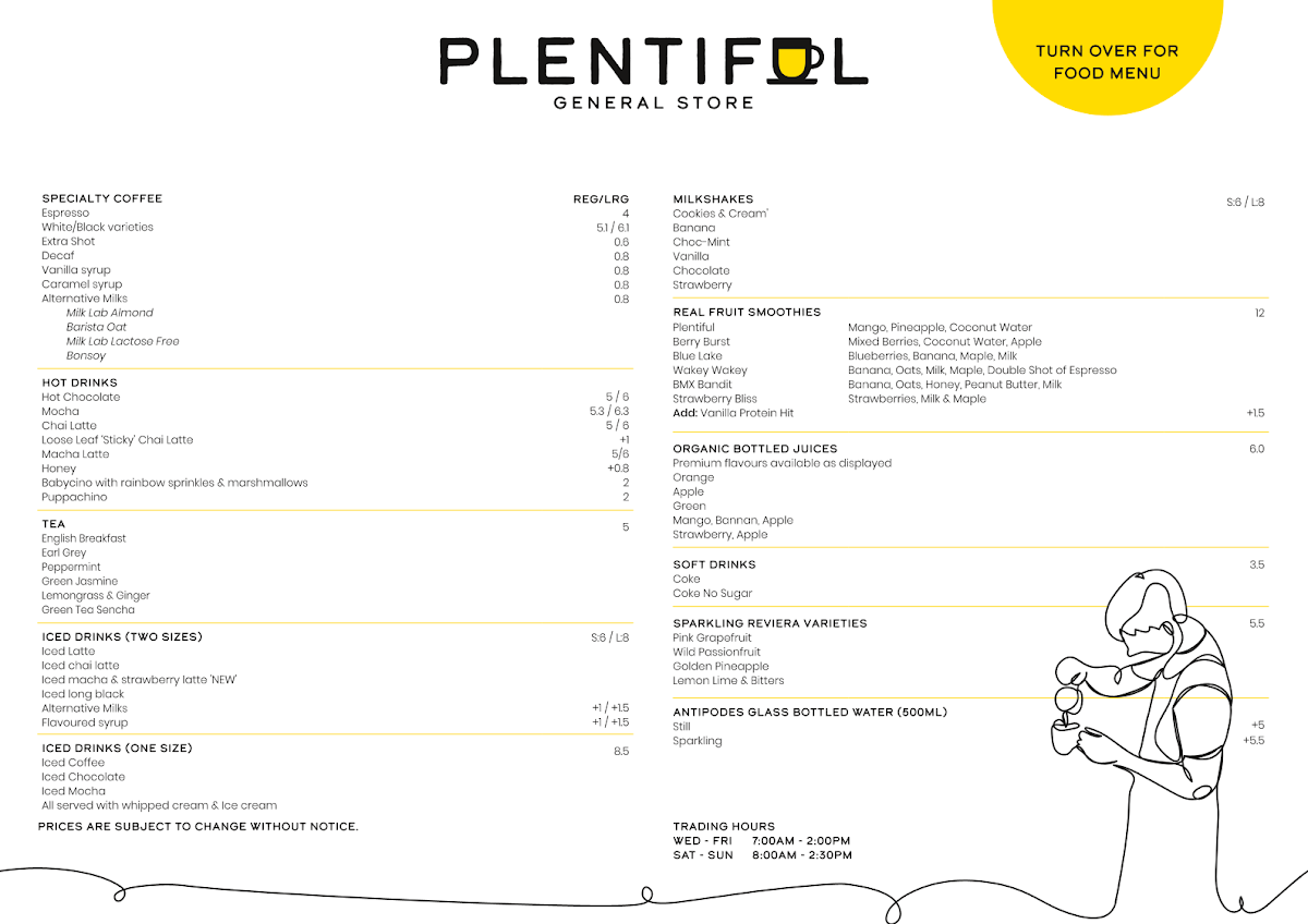 Plentiful General Store and Cafe menu board