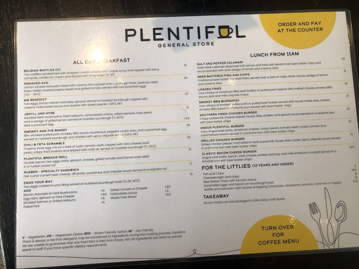 Plentiful General Store and Cafe menu board