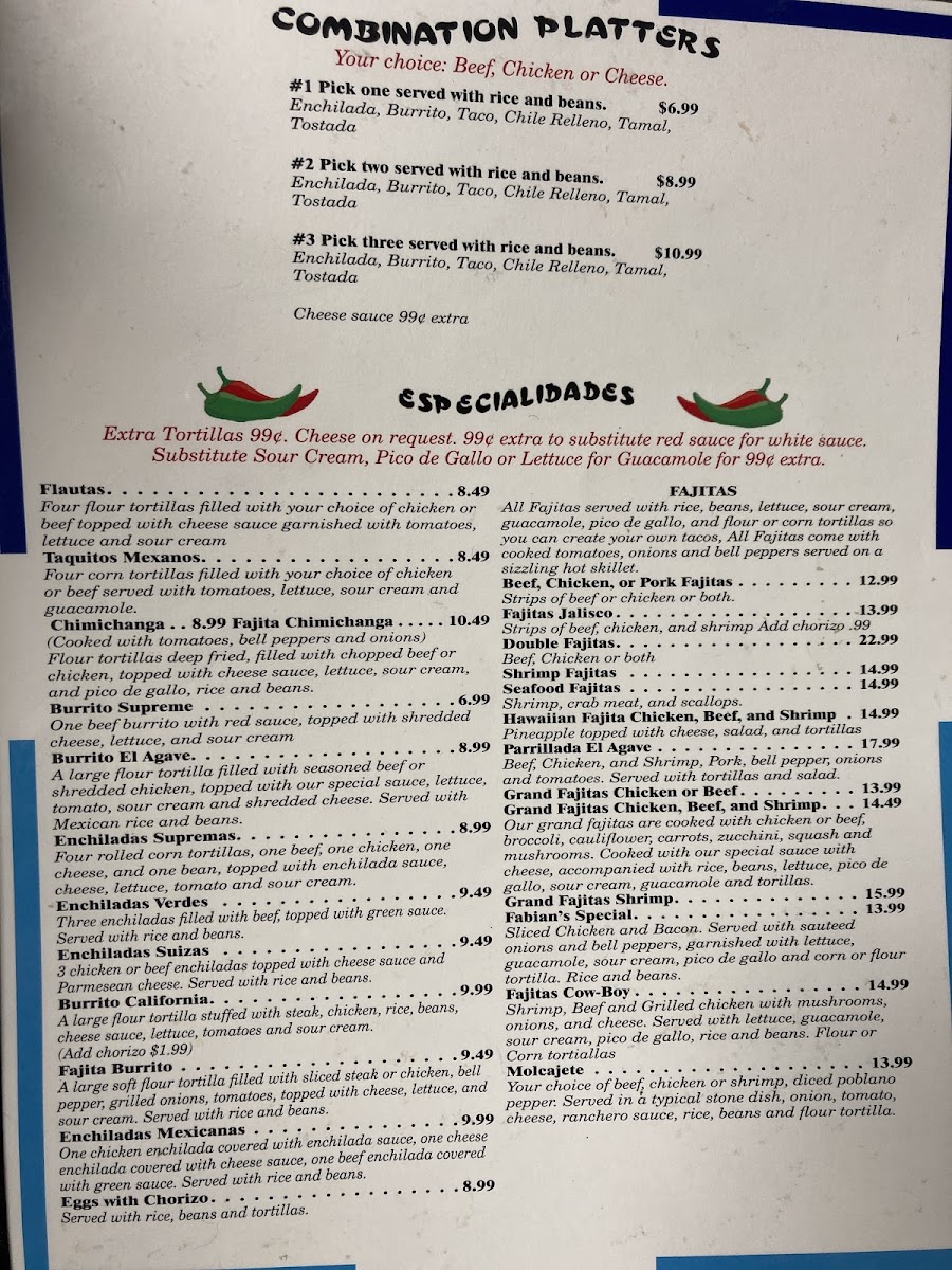 El Agave Mexican Restaurant menu board