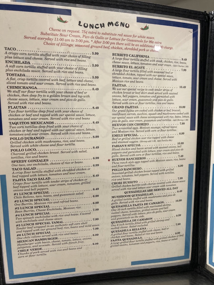 El Agave Mexican Restaurant menu board