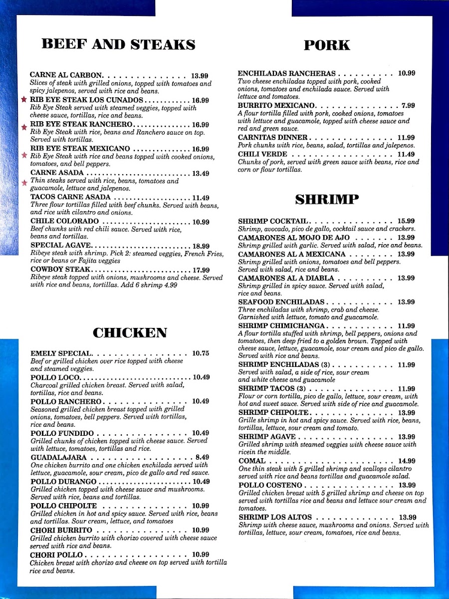 El Agave Mexican Restaurant menu board