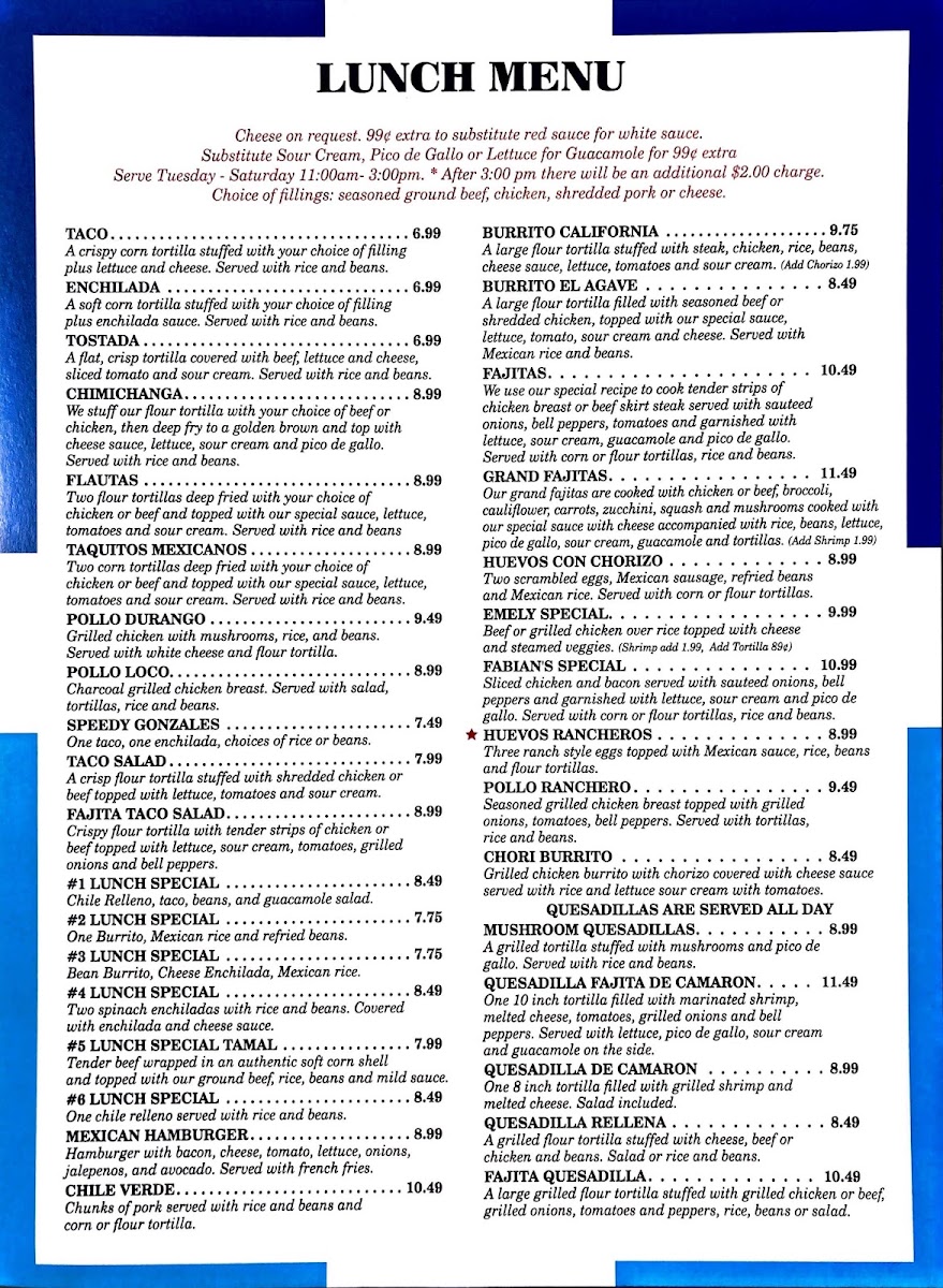 El Agave Mexican Restaurant menu board