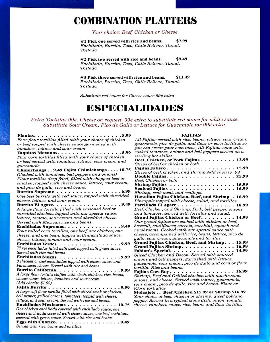El Agave Mexican Restaurant menu board