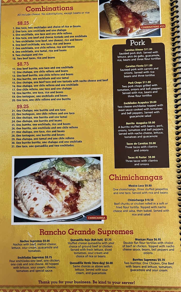 Rancho Grande Mexican Restaurant menu board