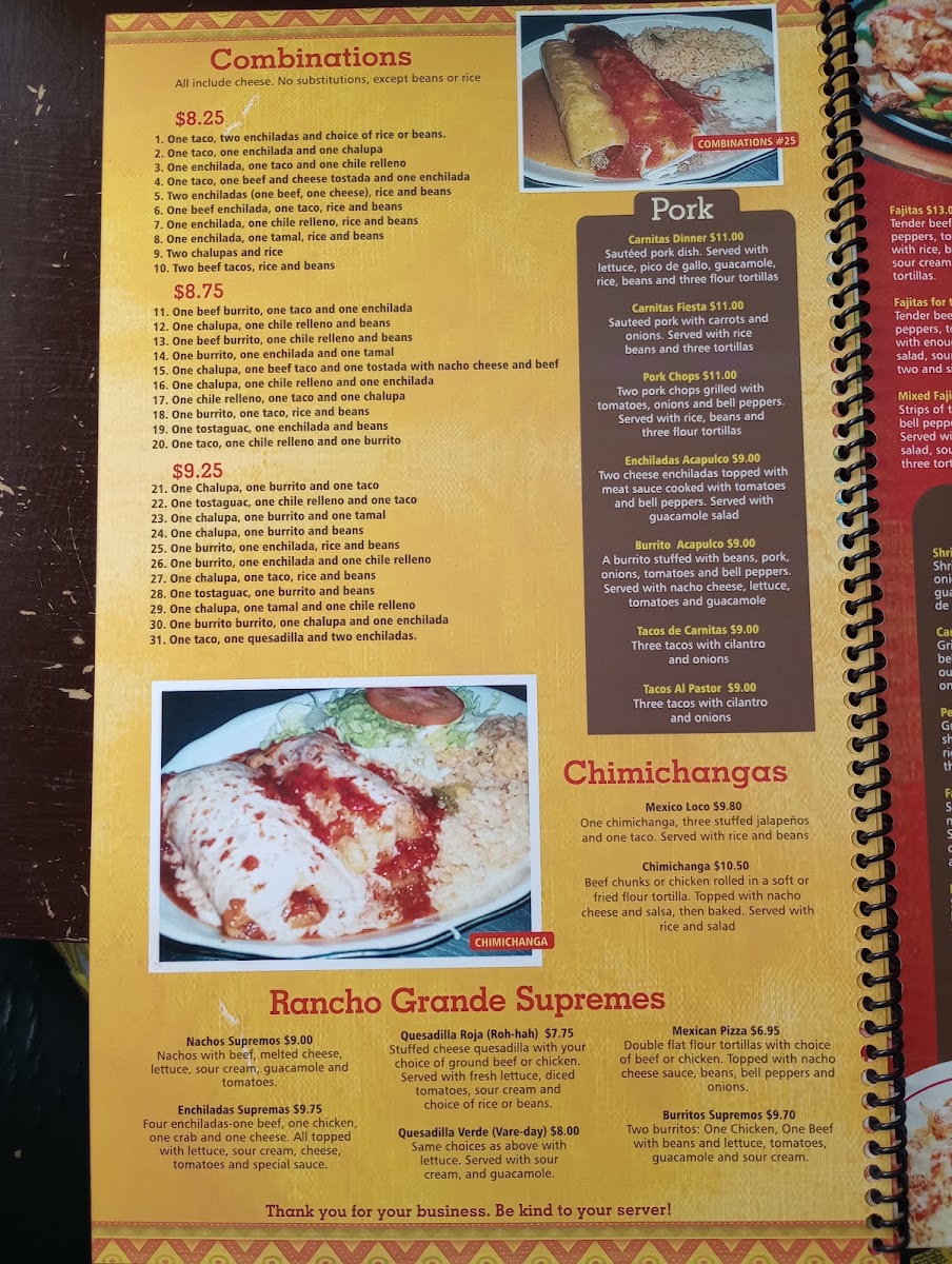 Rancho Grande Mexican Restaurant menu board