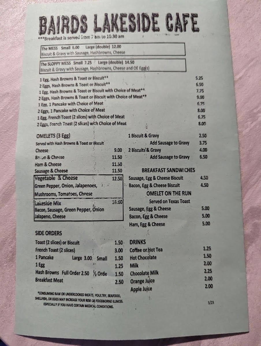 Baird's Lakeside Cafe menu board