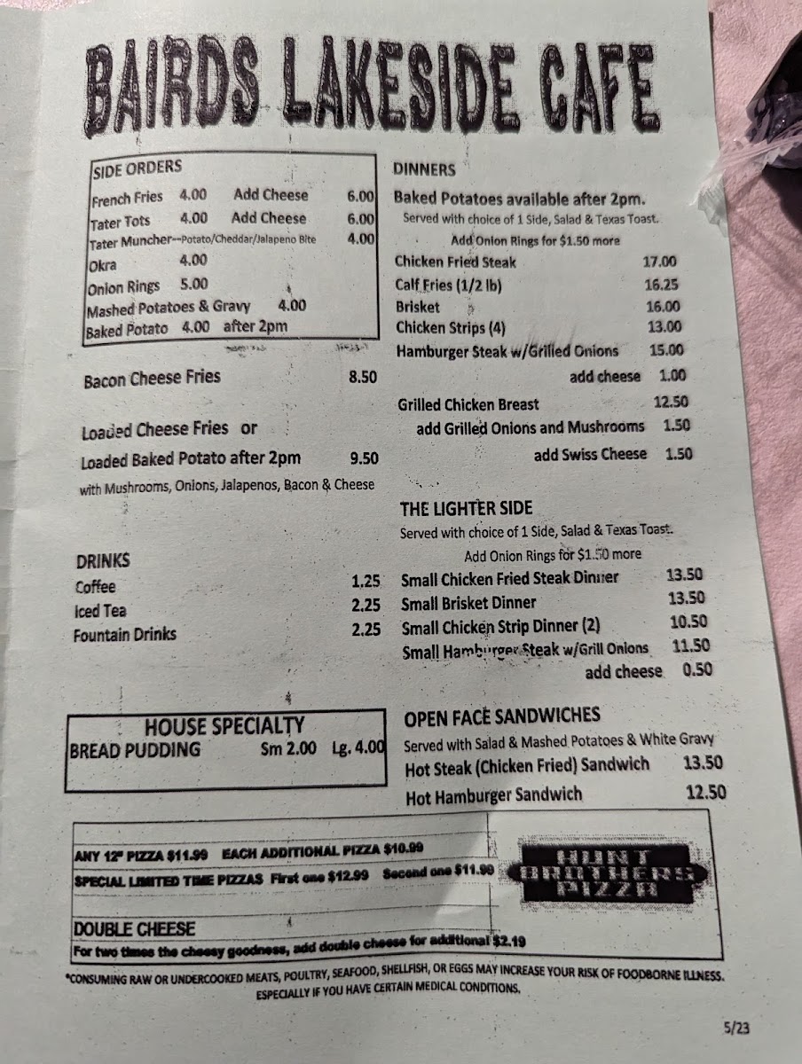 Baird's Lakeside Cafe menu board