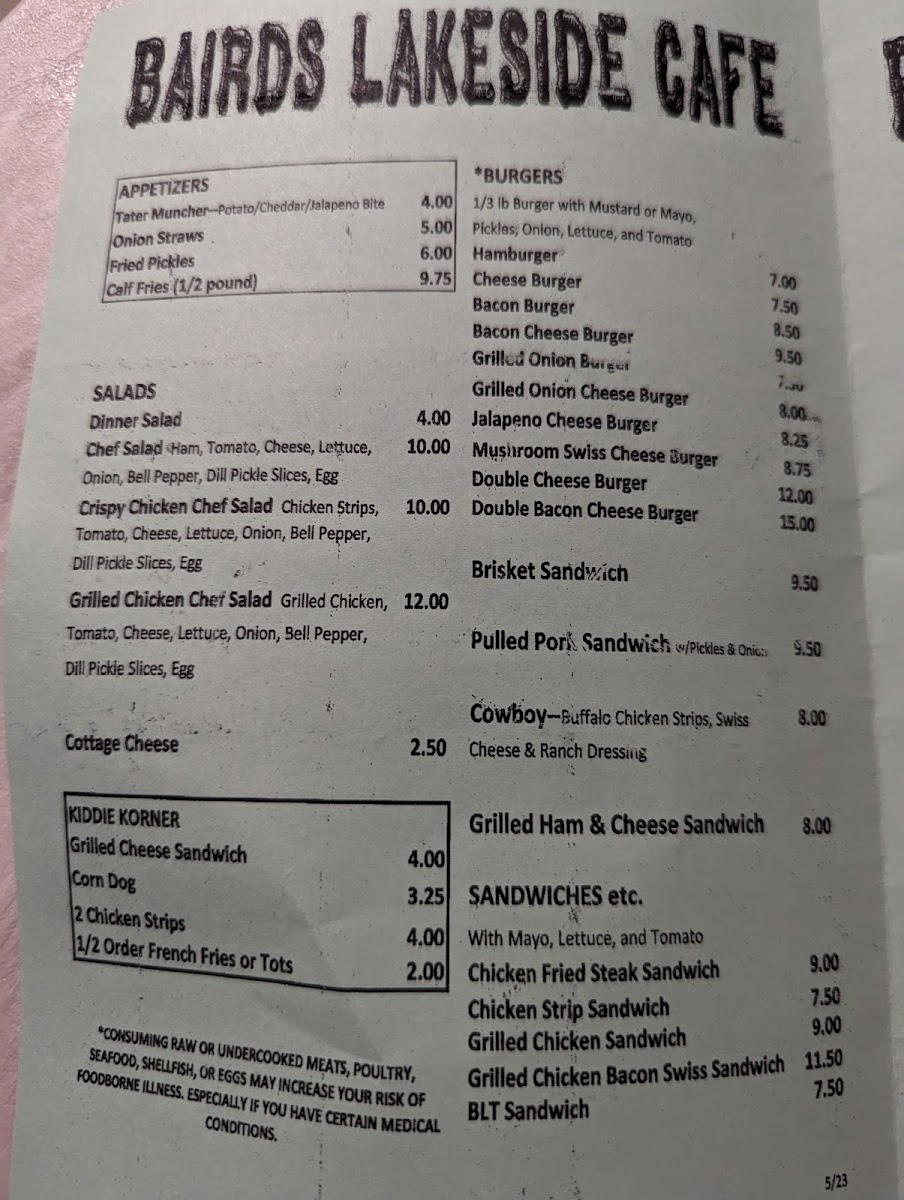 Baird's Lakeside Cafe menu board