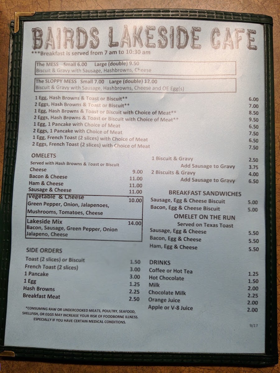 Baird's Lakeside Cafe menu board