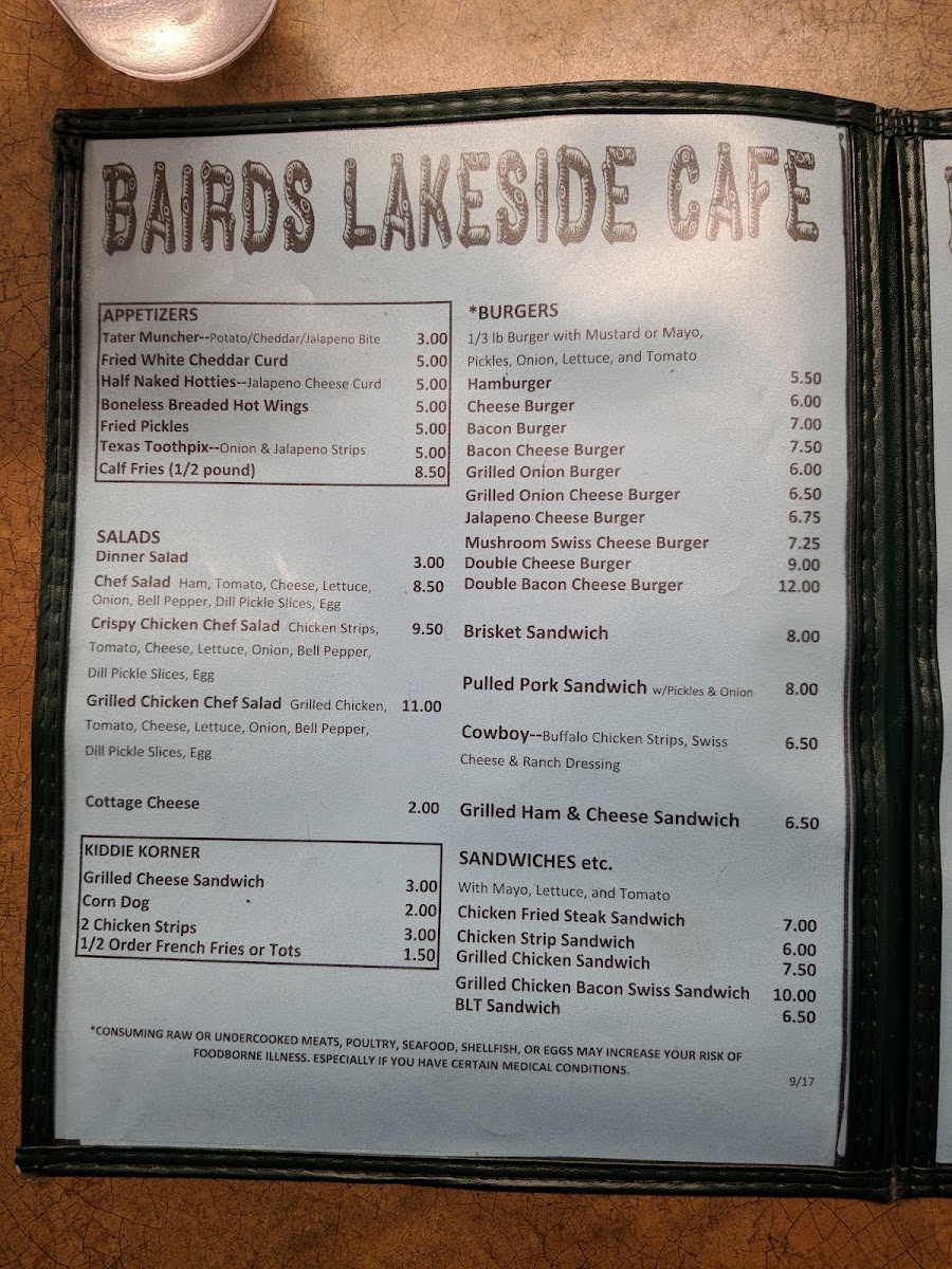 Baird's Lakeside Cafe menu board
