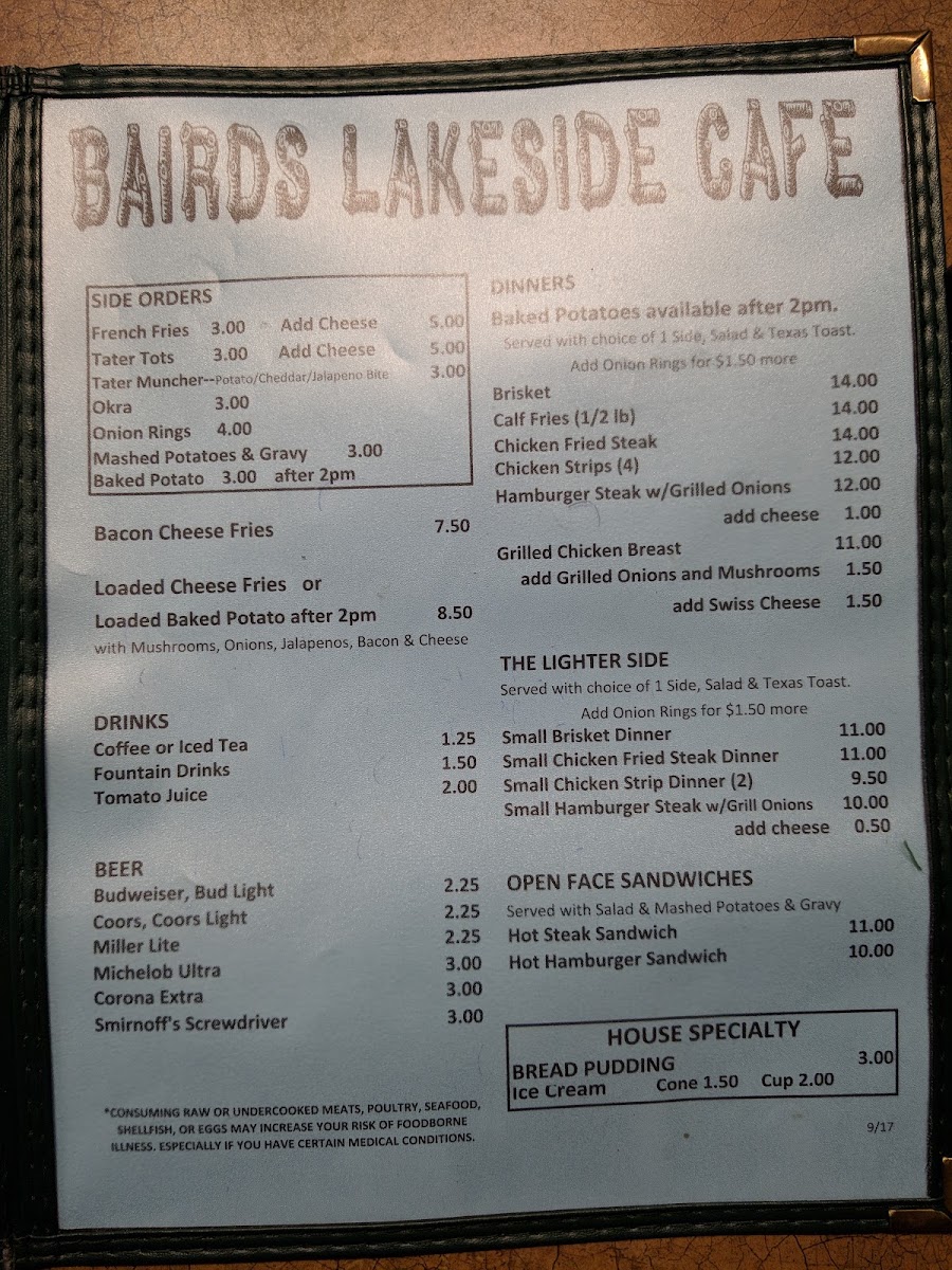 Baird's Lakeside Cafe menu board