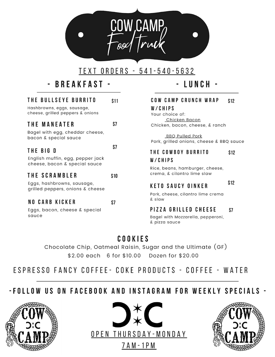 Cow Camp Food Truck and Catering menu board