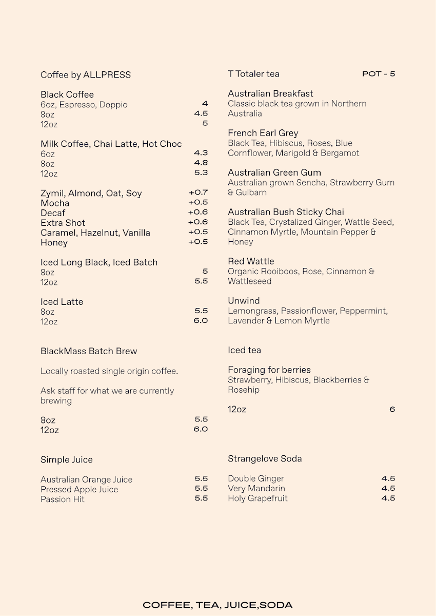 Fables Bar & Café menu board