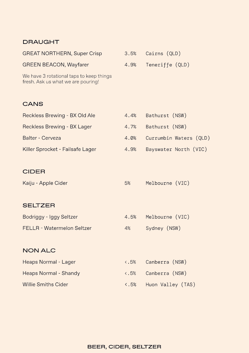 Fables Bar & Café menu board