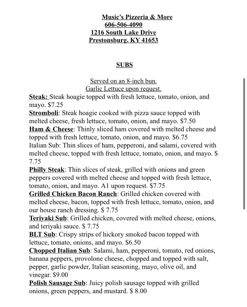 Music's Pizzeria & More menu board