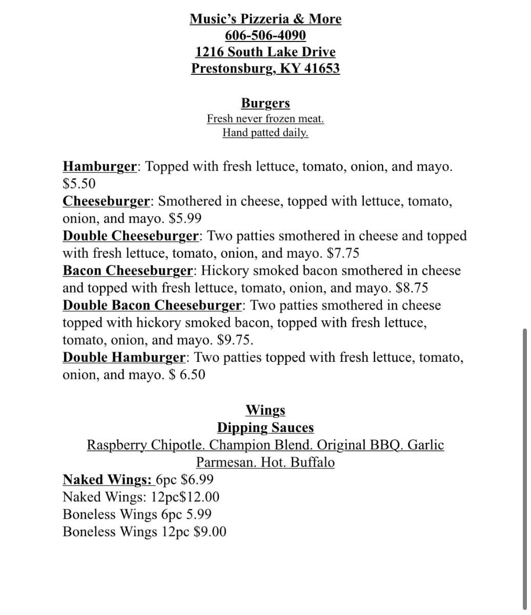 Music's Pizzeria & More menu board