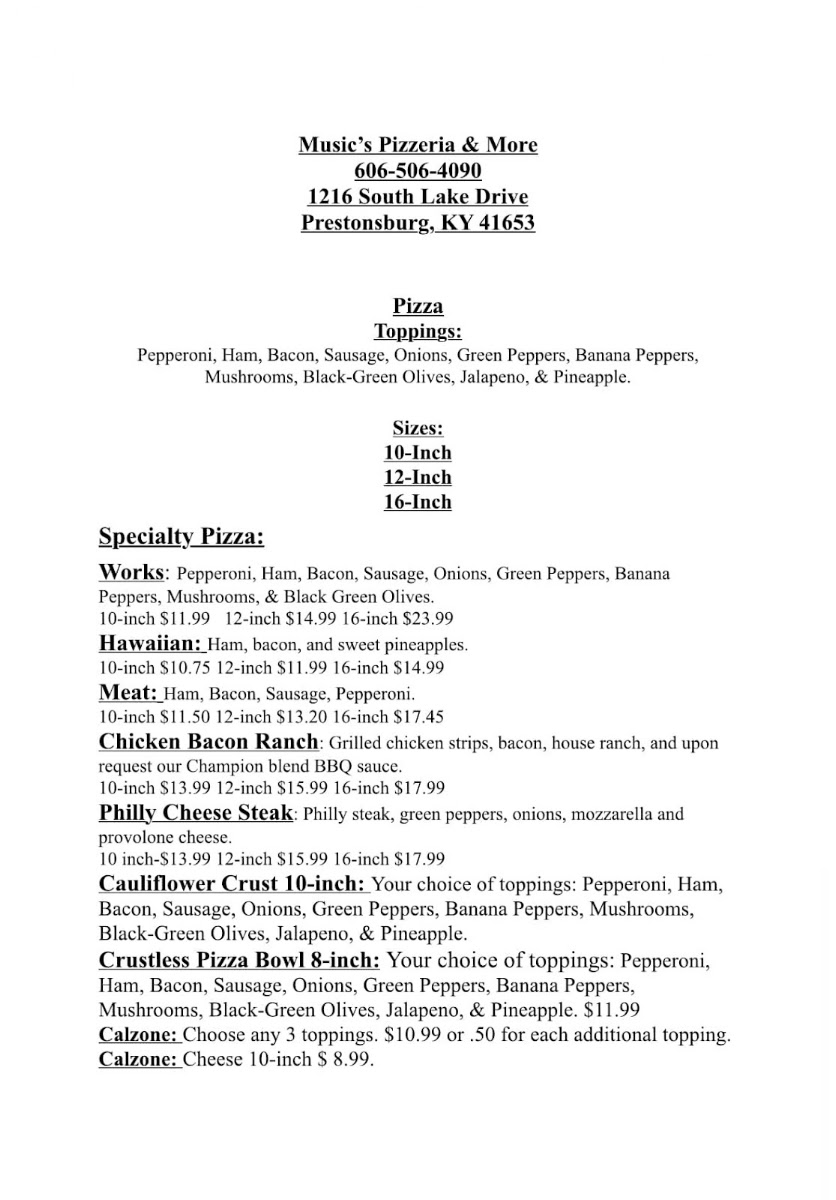 Music's Pizzeria & More menu board