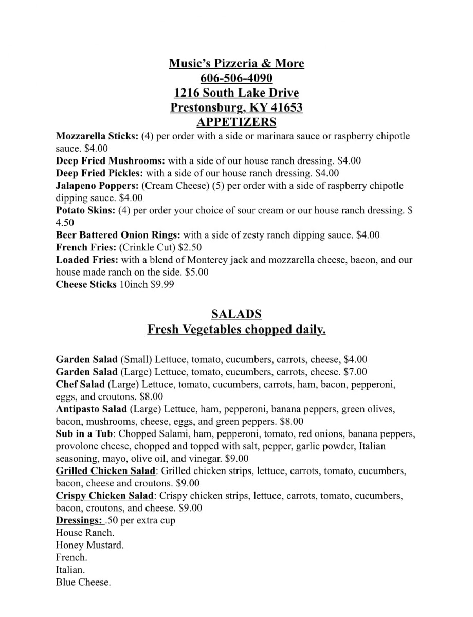 Music's Pizzeria & More menu board