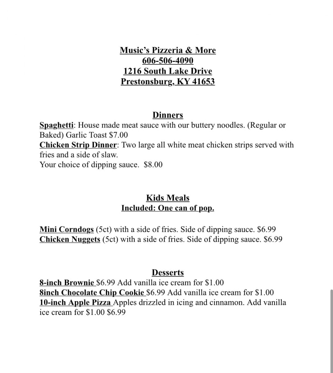 Music's Pizzeria & More menu board