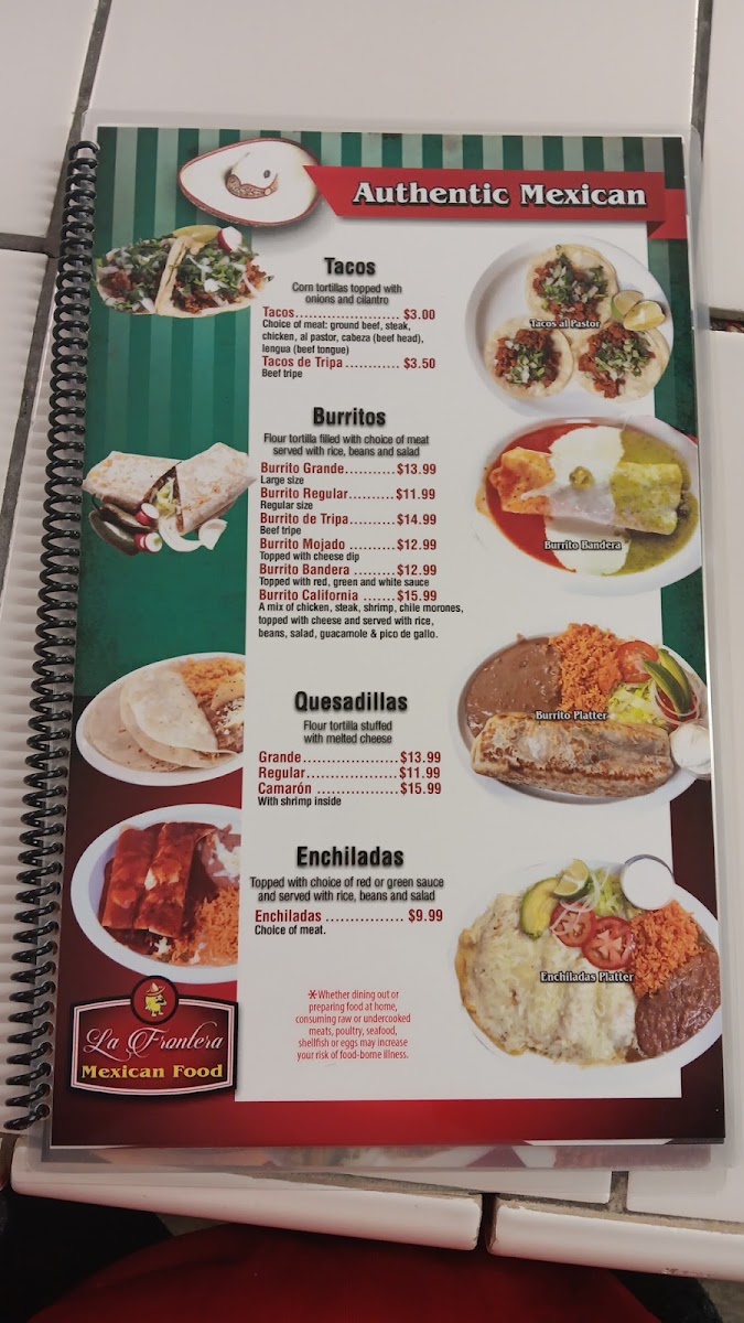 La Frontera Restaurant menu board