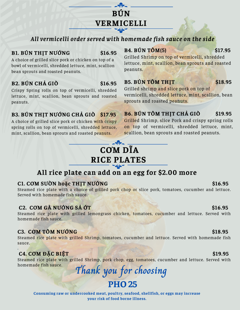 Pho 25 menu board